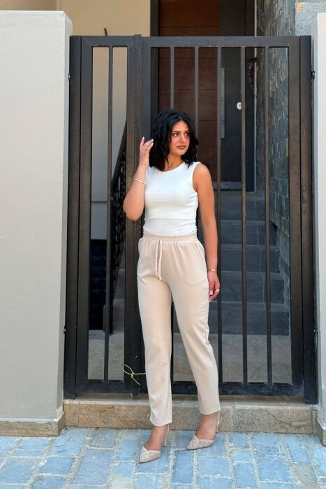 ONE COLOR ELASTIC WAIST WOMAN TROUSERS LIGHT BEIGE/BZHZB 