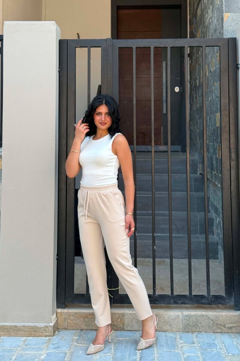 ONE COLOR ELASTIC WAIST WOMAN TROUSERS LIGHT BEIGE/BZHZB - 3