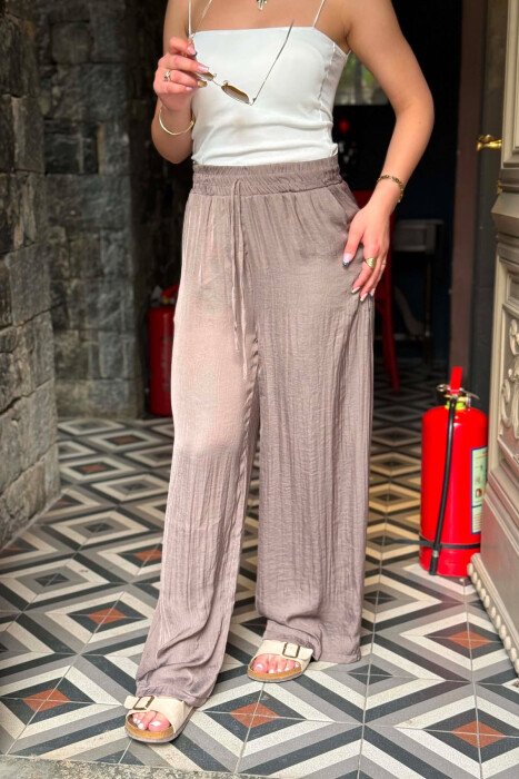 ONE COLOR ELASTIC WAIST WOMAN TROUSERS LIGHT BROWN/KAZB - 5