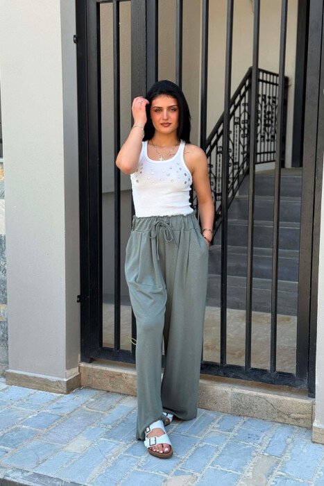 ONE COLOR ELASTIC WAIST WOMAN TROUSERS OLIVE/ULLI - 1