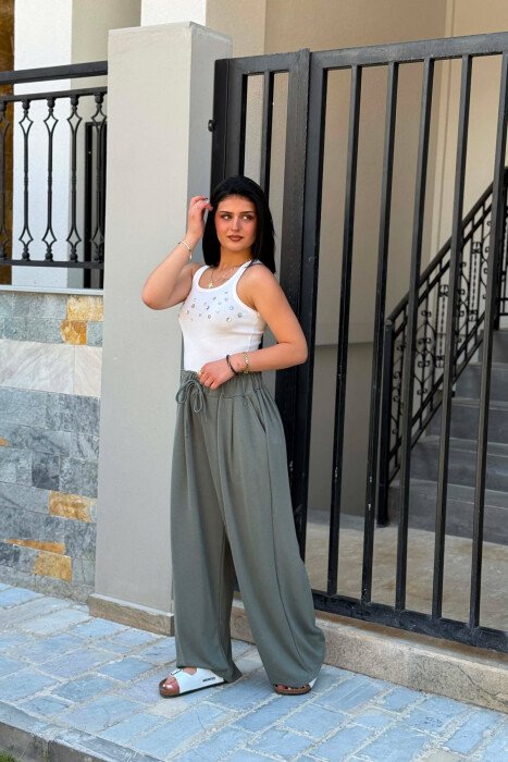 ONE COLOR ELASTIC WAIST WOMAN TROUSERS OLIVE/ULLI - 2