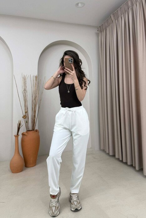 ONE COLOR ELASTIC WAIST WOMAN TROUSERS WHITE-E BARDHE - 2