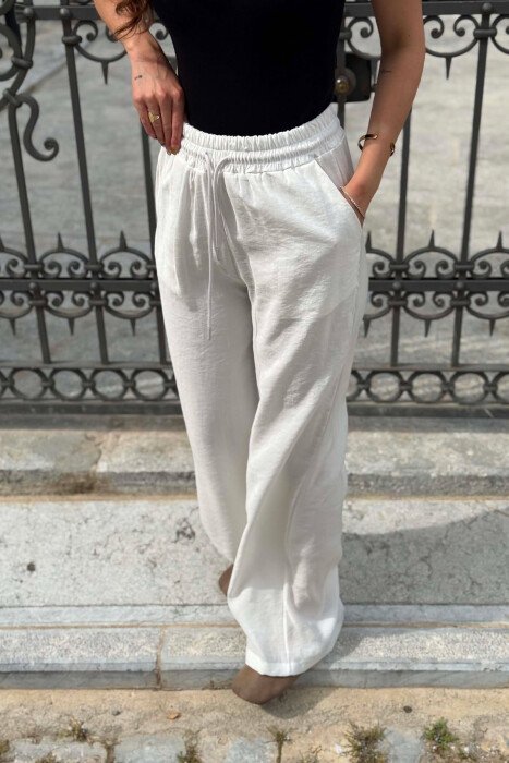 ONE COLOR ELASTIC WAIST WOMAN TROUSERS WHITE-E BARDHE - 3