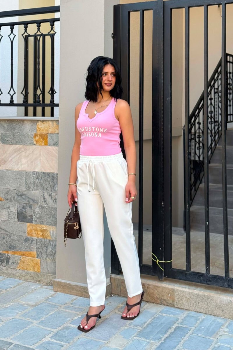 ONE COLOR ELASTIC WAIST WOMAN TROUSERS WHITE-E BARDHE - 1
