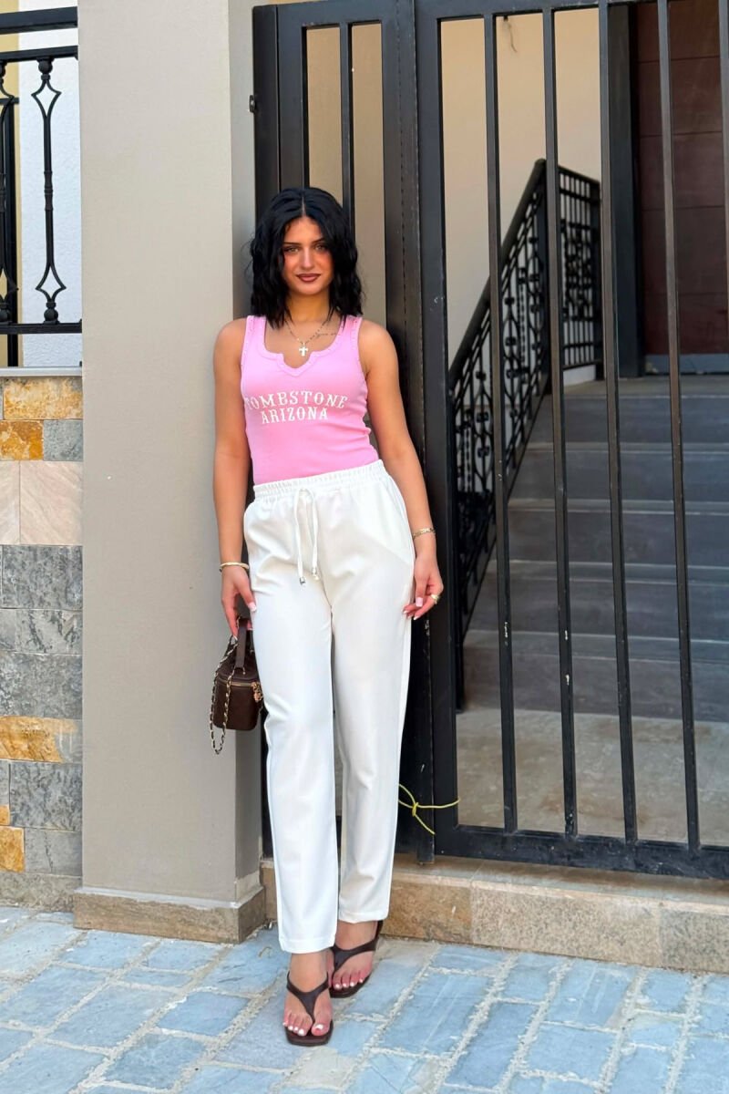 ONE COLOR ELASTIC WAIST WOMAN TROUSERS WHITE-E BARDHE - 6