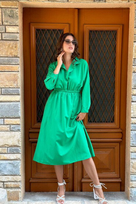 ONE COLOR ELASTIC WAIST WOMEN DRESS GREEN/JESHILE - 3