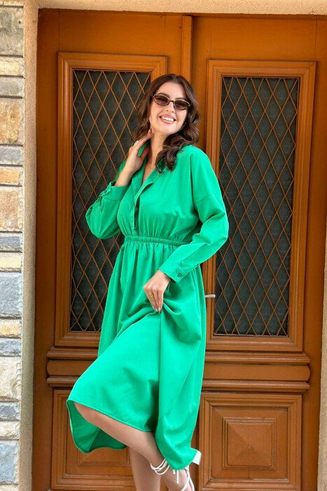ONE COLOR ELASTIC WAIST WOMEN DRESS GREEN/JESHILE - 4