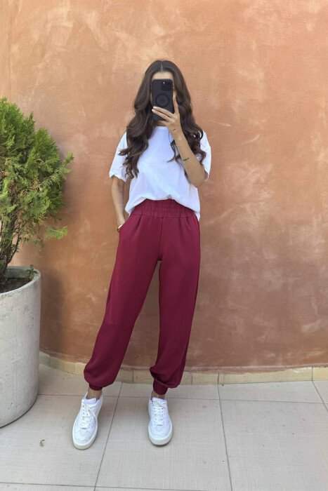 ONE COLOR ELASTIC WAIST WOMEN JOGGERS BURGUNDY/VISHNJE - 2