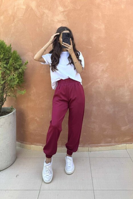 ONE COLOR ELASTIC WAIST WOMEN JOGGERS BURGUNDY/VISHNJE - 3
