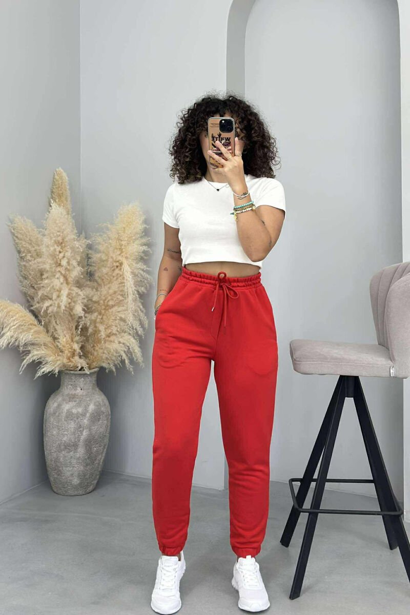 ONE COLOR ELASTIC WAIST WOMEN JOGGERS RED/E KUQE - 1