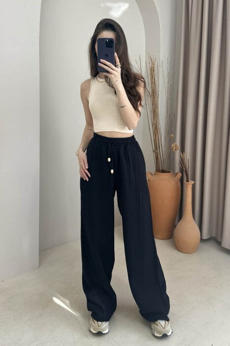 ONE COLOR ELASTIC WAIST WOMEN TROUSERS BLACK/ E ZEZE - 1