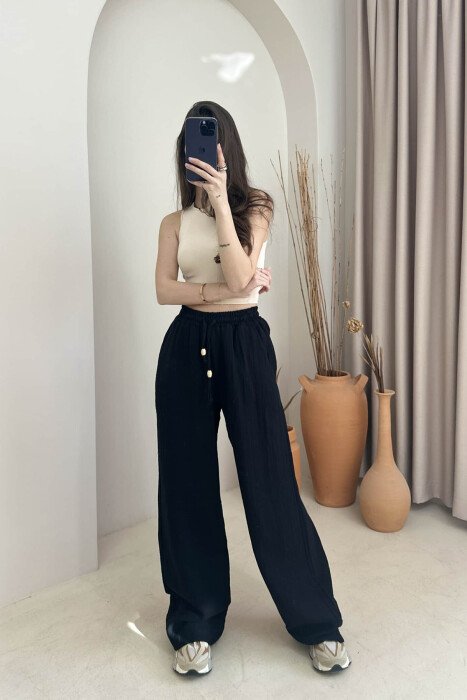 ONE COLOR ELASTIC WAIST WOMEN TROUSERS BLACK/ E ZEZE - 2