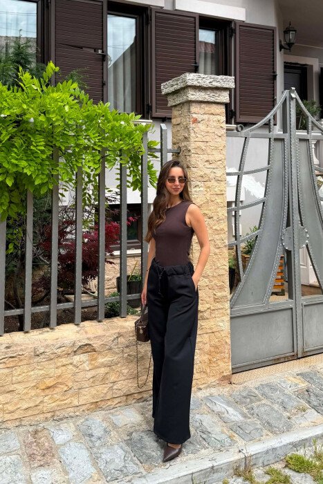 ONE COLOR ELASTIC WAIST WOMEN TROUSERS BLACK/ E ZEZE - 3
