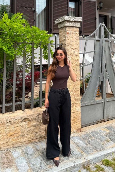 ONE COLOR ELASTIC WAIST WOMEN TROUSERS BLACK/ E ZEZE - KLAUDIO FASHION