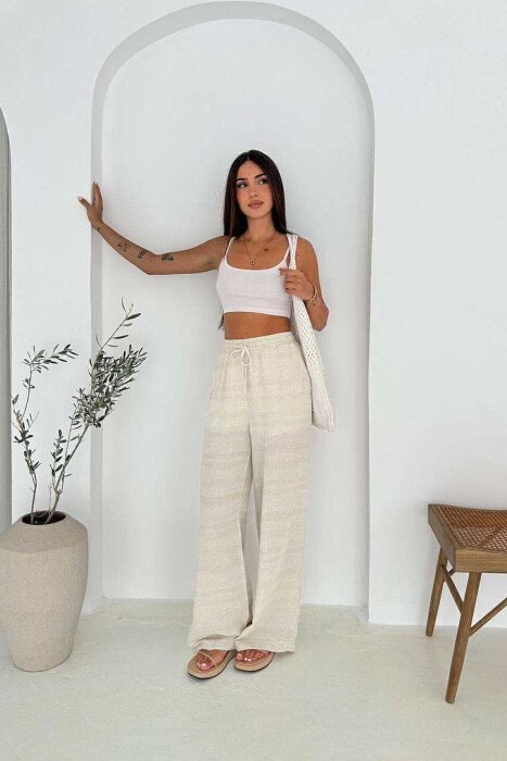 ONE COLOR ELASTIC WAIST WOMEN TROUSERS CREAM/KREM - 2