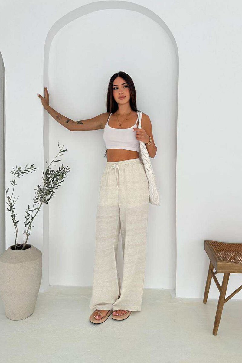 ONE COLOR ELASTIC WAIST WOMEN TROUSERS CREAM/KREM - 2