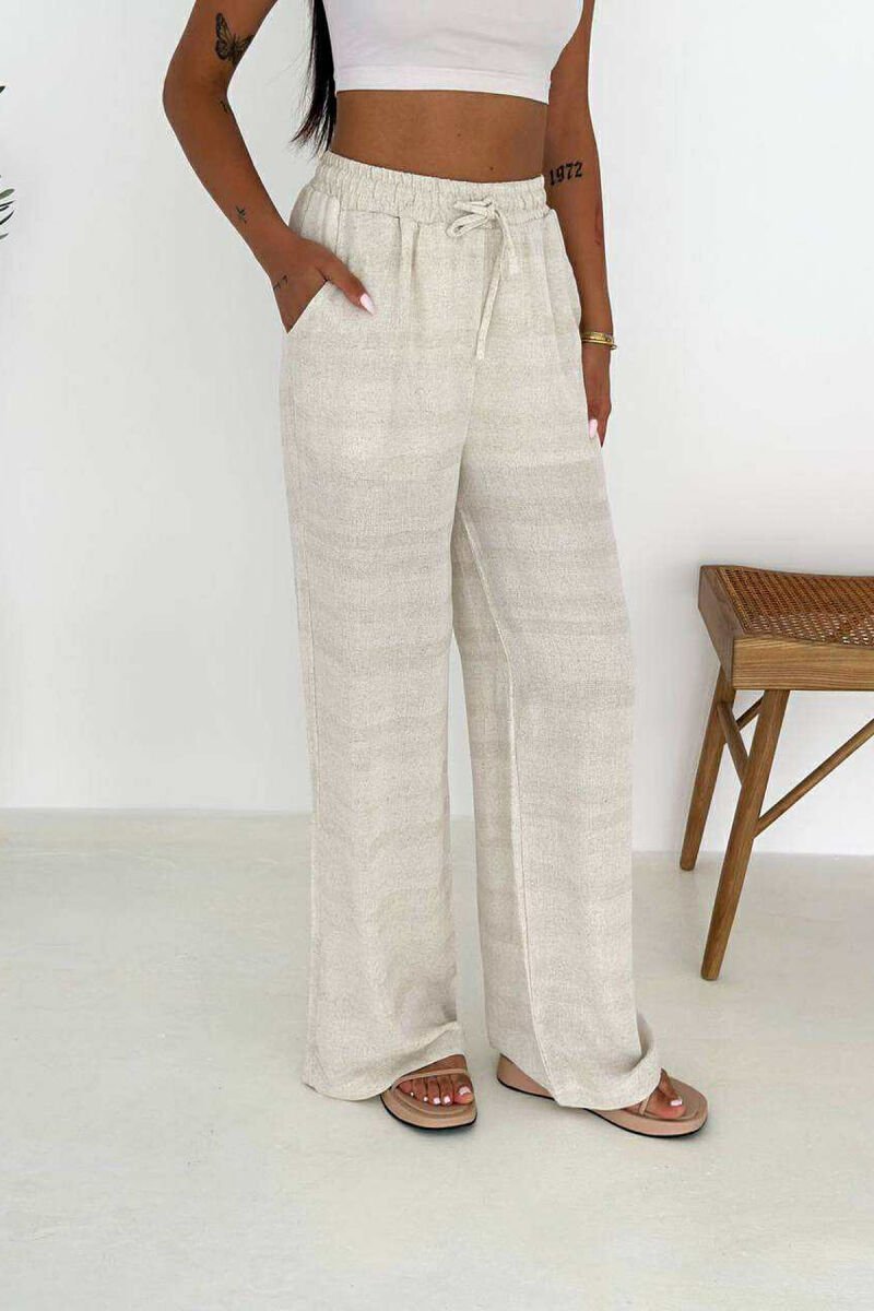 ONE COLOR ELASTIC WAIST WOMEN TROUSERS CREAM/KREM - 4
