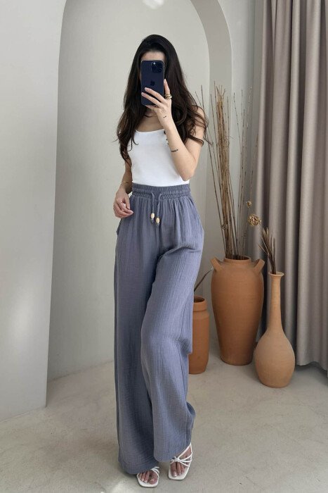 ONE COLOR ELASTIC WAIST WOMEN TROUSERS GREY/GRI - KLAUDIO FASHION