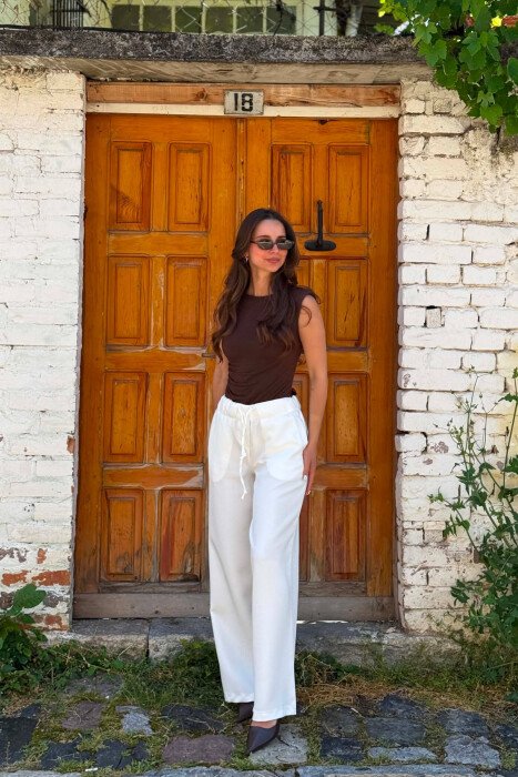 ONE COLOR ELASTIC WAIST WOMEN TROUSERS WHITE-E BARDHE - KLAUDIO FASHION