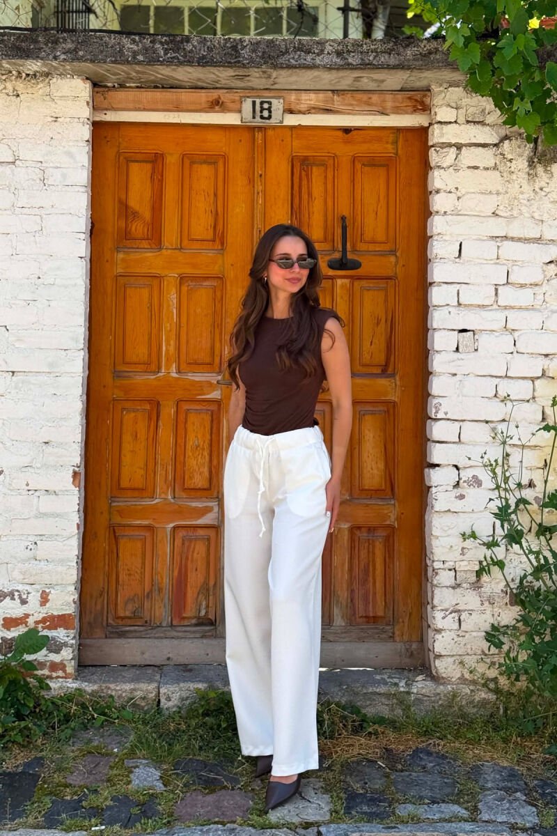 ONE COLOR ELASTIC WAIST WOMEN TROUSERS WHITE-E BARDHE - 1