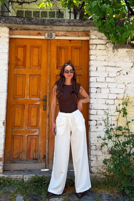 ONE COLOR ELASTIC WAIST WOMEN TROUSERS WHITE-E BARDHE - 2