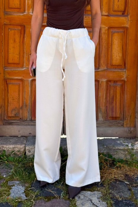 ONE COLOR ELASTIC WAIST WOMEN TROUSERS WHITE-E BARDHE - 4