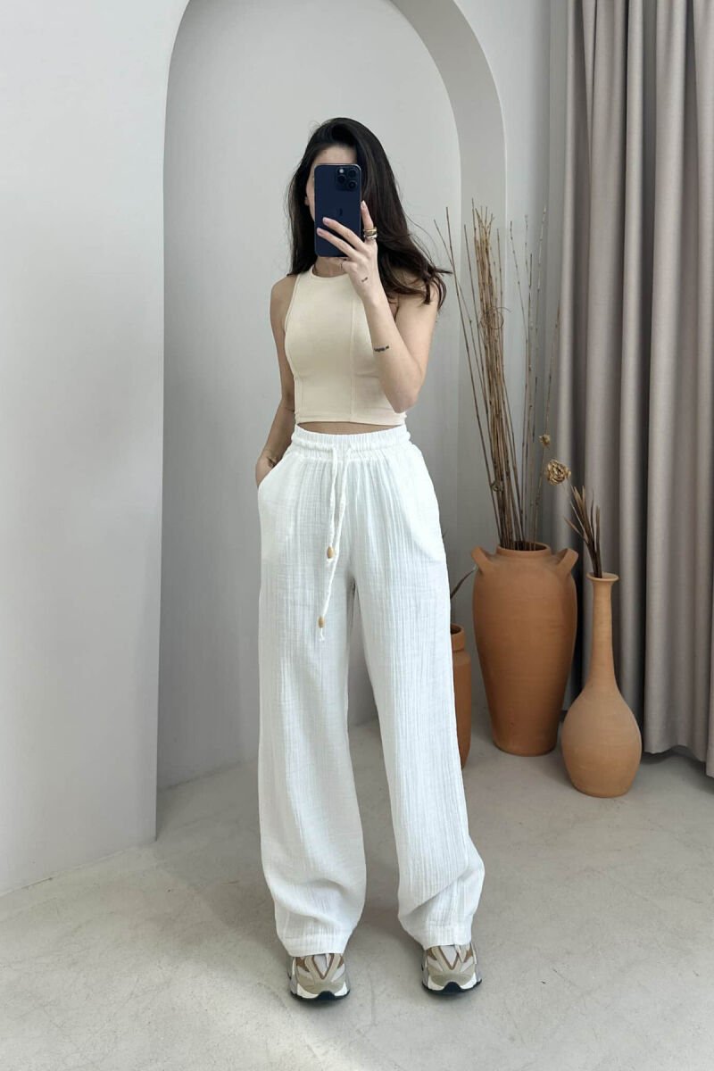 ONE COLOR ELASTIC WAIST WOMEN TROUSERS WHITE-E BARDHE - 2