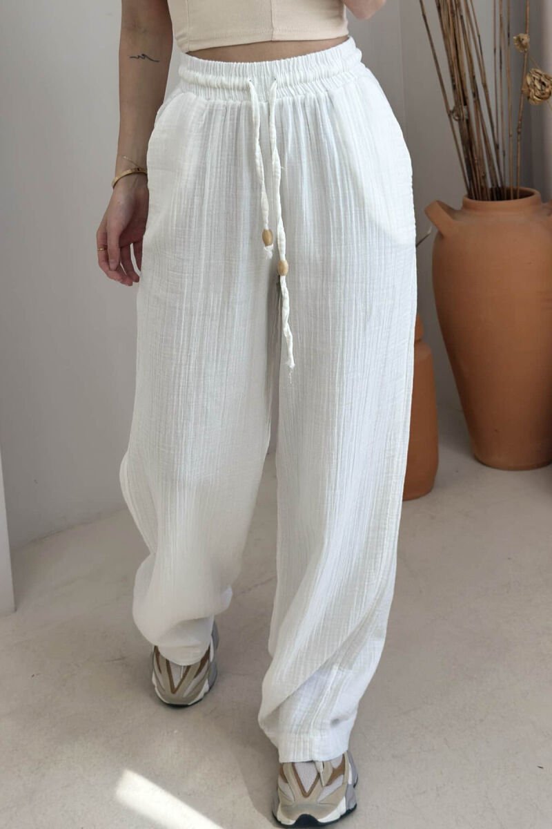 ONE COLOR ELASTIC WAIST WOMEN TROUSERS WHITE-E BARDHE - 4