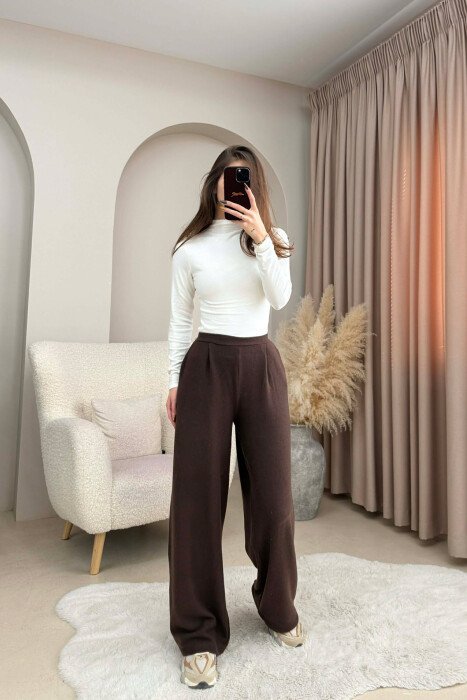 ONE COLOR ELASTIC WIDE LEG WOMEN TROUSERS BROWN/KAFE - 2