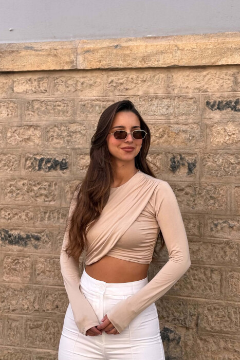 ONE COLOR ELASTIC WOMEN CROP TOP BEIGE/BEZHE - KLAUDIO FASHION