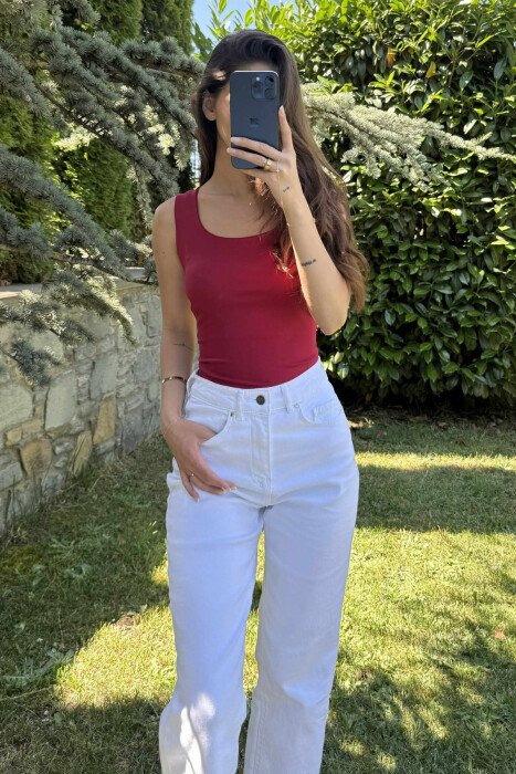ONE COLOR ELASTIC WOMEN TANK TOP BURGUNDY/VISHNJE - 3