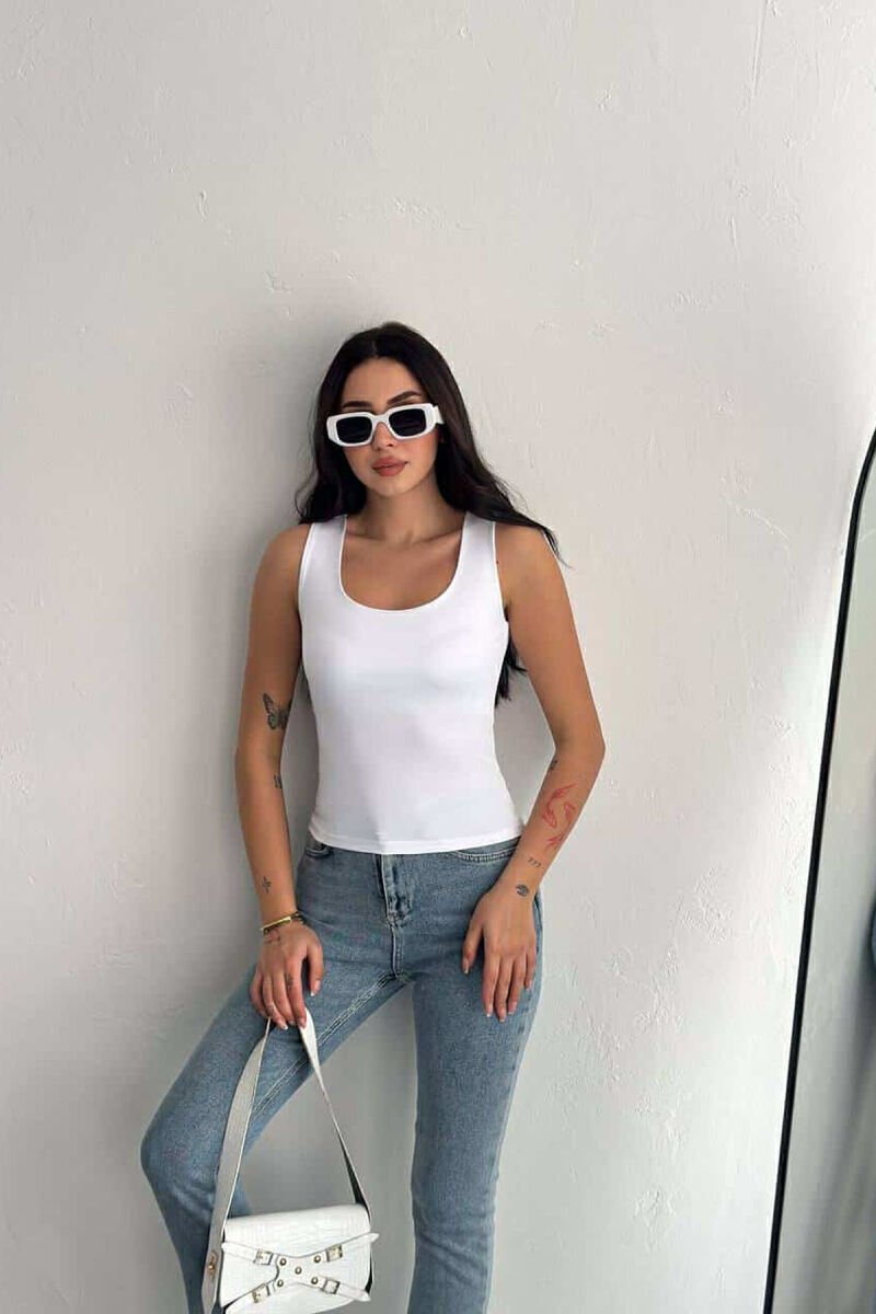 ONE COLOR ELASTIC WOMEN TANK TOP WHITE-E BARDHE - 9