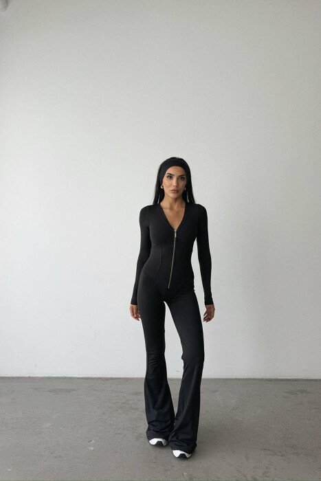ONE COLOR ELASTIC ZIPPER WOMEN JUMPSUIT BLACK/ E ZEZE - KLAUDIO FASHION