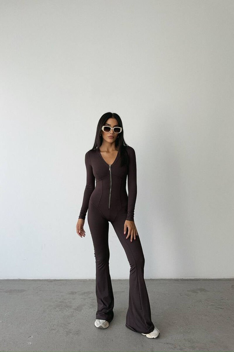 ONE COLOR ELASTIC ZIPPER WOMEN JUMPSUIT BROWN/KAFE - 1