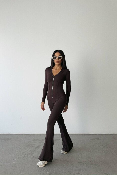 ONE COLOR ELASTIC ZIPPER WOMEN JUMPSUIT BROWN/KAFE - 4
