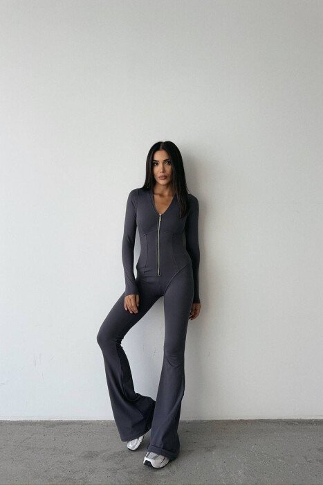 ONE COLOR ELASTIC ZIPPER WOMEN JUMPSUIT DARK GREY/GEE - 1