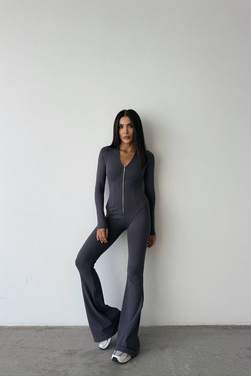 ONE COLOR ELASTIC ZIPPER WOMEN JUMPSUIT DARK GREY/GEE - 1