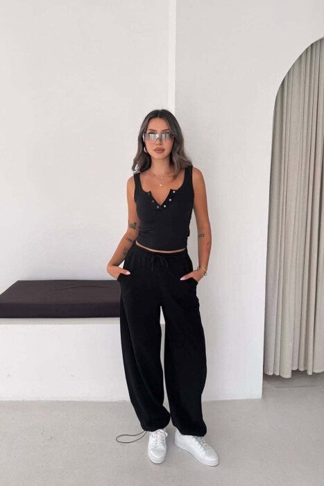 ONE COLOR ELASTIC WAIST WOMAN SWEATPANTS BLACK/ E ZEZE - KLAUDIO FASHION