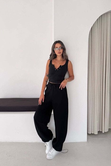 ONE COLOR ELASTIC WAIST WOMAN SWEATPANTS BLACK/ E ZEZE - 3