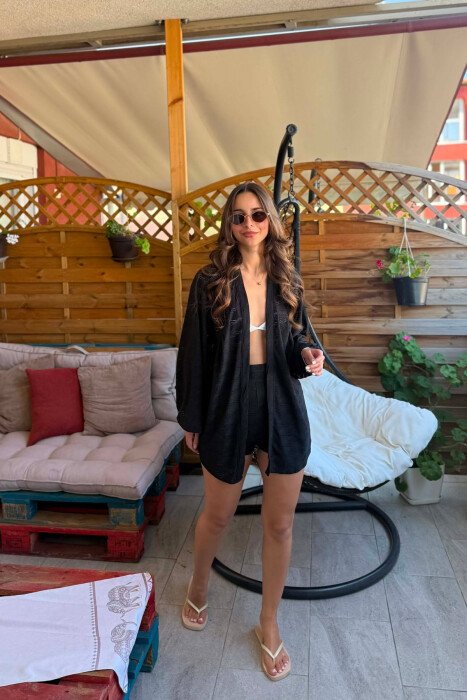 ONE COLOR EMBROIDERED CARDIGAN + SHORTS WOMAN SET BLACK/ E ZEZE - 1