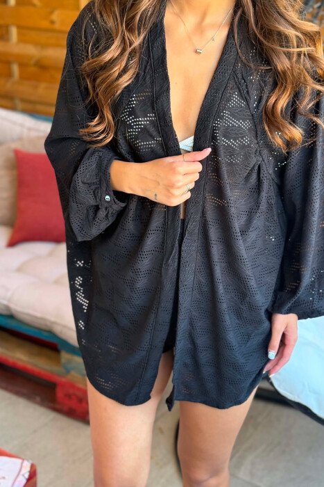 ONE COLOR EMBROIDERED CARDIGAN + SHORTS WOMAN SET BLACK/ E ZEZE - 2