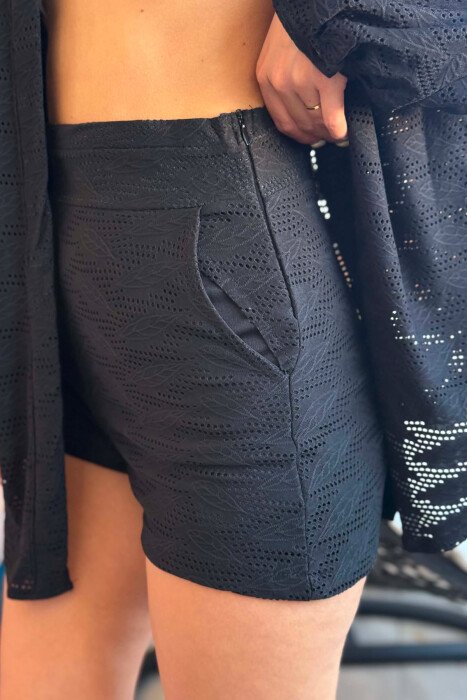ONE COLOR EMBROIDERED CARDIGAN + SHORTS WOMAN SET BLACK/ E ZEZE - 5
