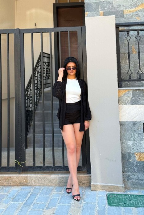 ONE COLOR EMBROIDERED CARDIGAN + SHORTS WOMAN SET BLACK/ E ZEZE 