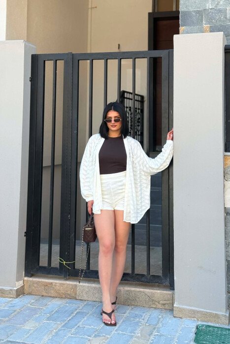 ONE COLOR EMBROIDERED CARDIGAN + SHORTS WOMAN SET WHITE-E BARDHE - KLAUDIO FASHION