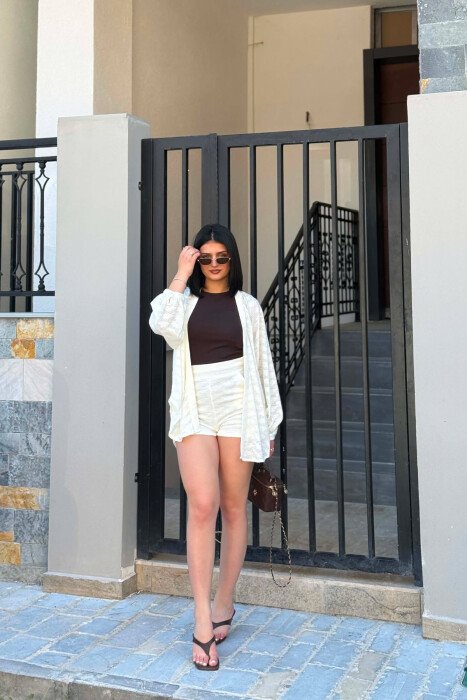 ONE COLOR EMBROIDERED CARDIGAN + SHORTS WOMAN SET WHITE-E BARDHE - 2