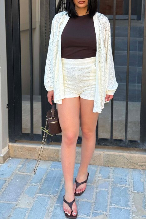 ONE COLOR EMBROIDERED CARDIGAN + SHORTS WOMAN SET WHITE-E BARDHE - 5