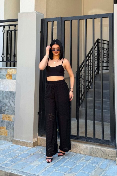ONE COLOR EMBROIDERED CROP TOP + TROUSERS WOMAN SET BLACK/ E ZEZE 