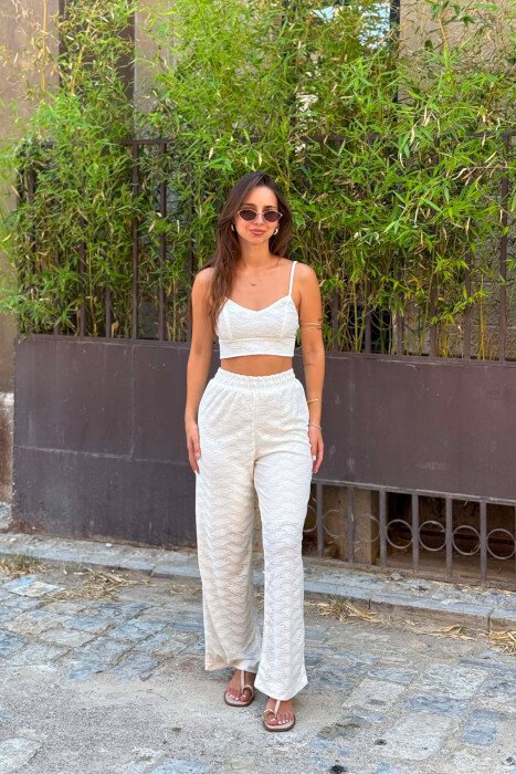 ONE COLOR EMBROIDERED CROP TOP + TROUSERS WOMAN SET WHITE-E BARDHE 