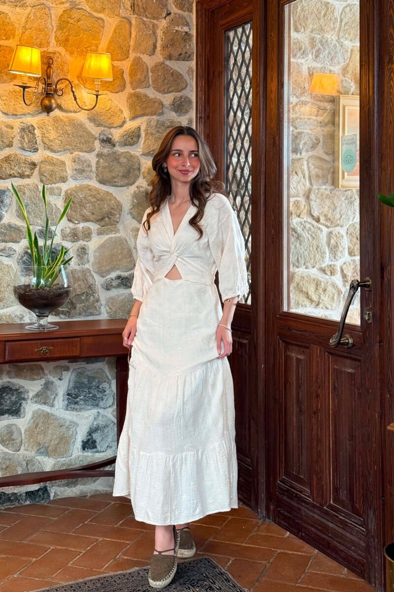 ONE COLOR EMBROIDERED V NECK WOMAN DRESS CREAM/KREM - 2
