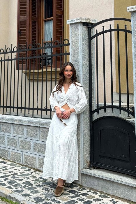 ONE COLOR EMBROIDERED V NECK WOMAN DRESS WHITE-E BARDHE - 2